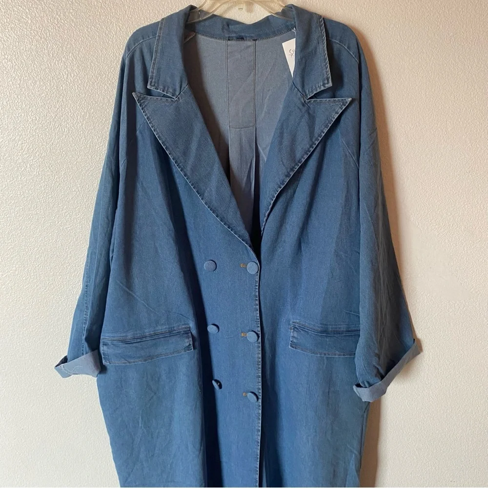 AA Highlight Blue Denim Maxi Trench Coat Jean Dress Jacket Womens 3X waist tie - Picture 4 of 13